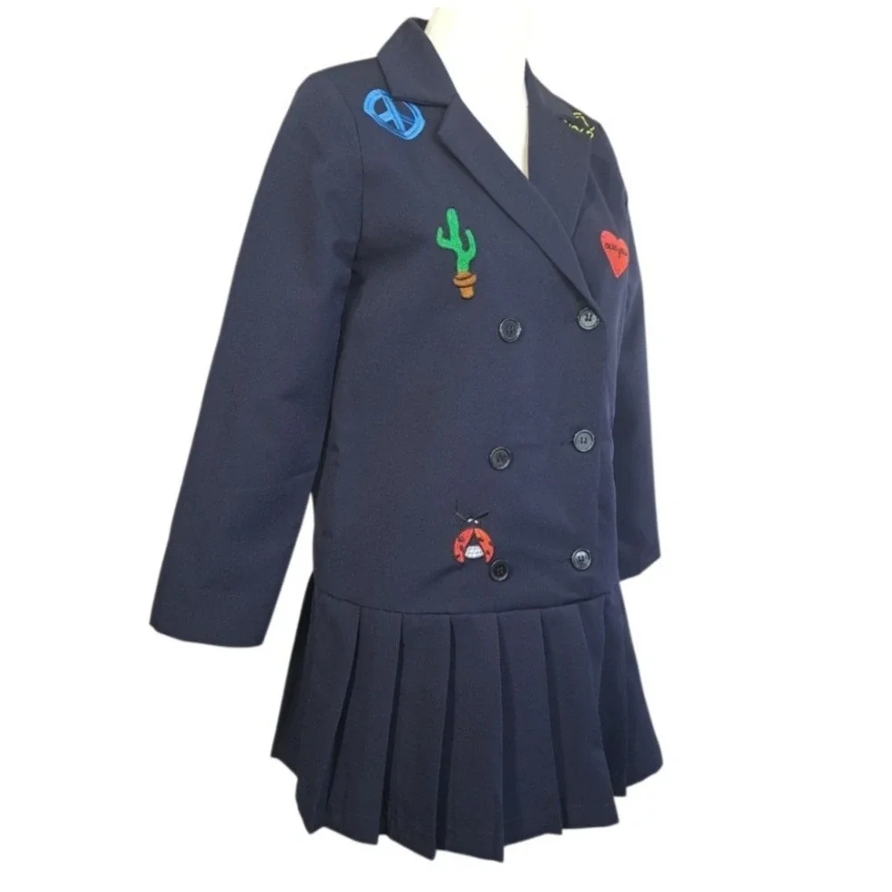 Blanc Jo Studio Blazer‎ Dress Medium Blue Embroidered Double Breasted Pleated